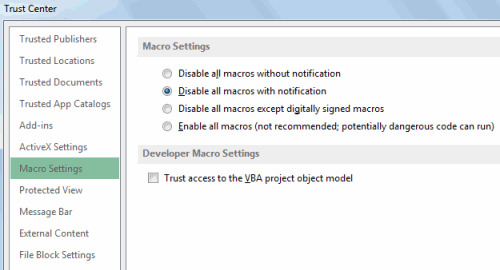 Trust Center Dialog Box